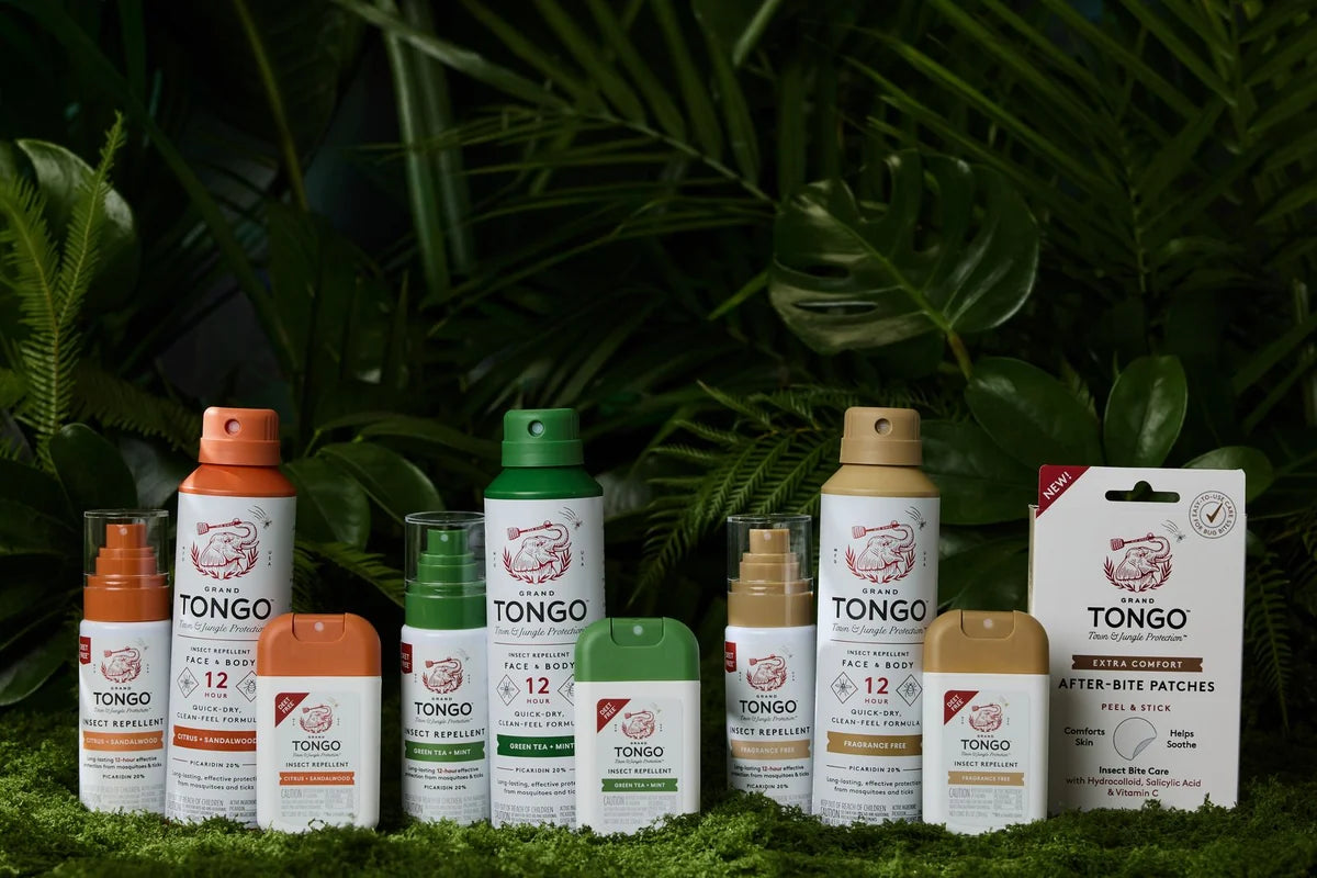 Grand Tongo sprays, pumps, pocket sprays and after-bite patches among tropical foliage