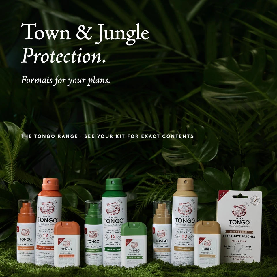 The current Tongo range photographed together on a mossy ledge: full-size, travel and pocket sprays in three scents, plus Extra Comfort patches. Town and Jungle Protection. See the selected kit for its exact contents.
