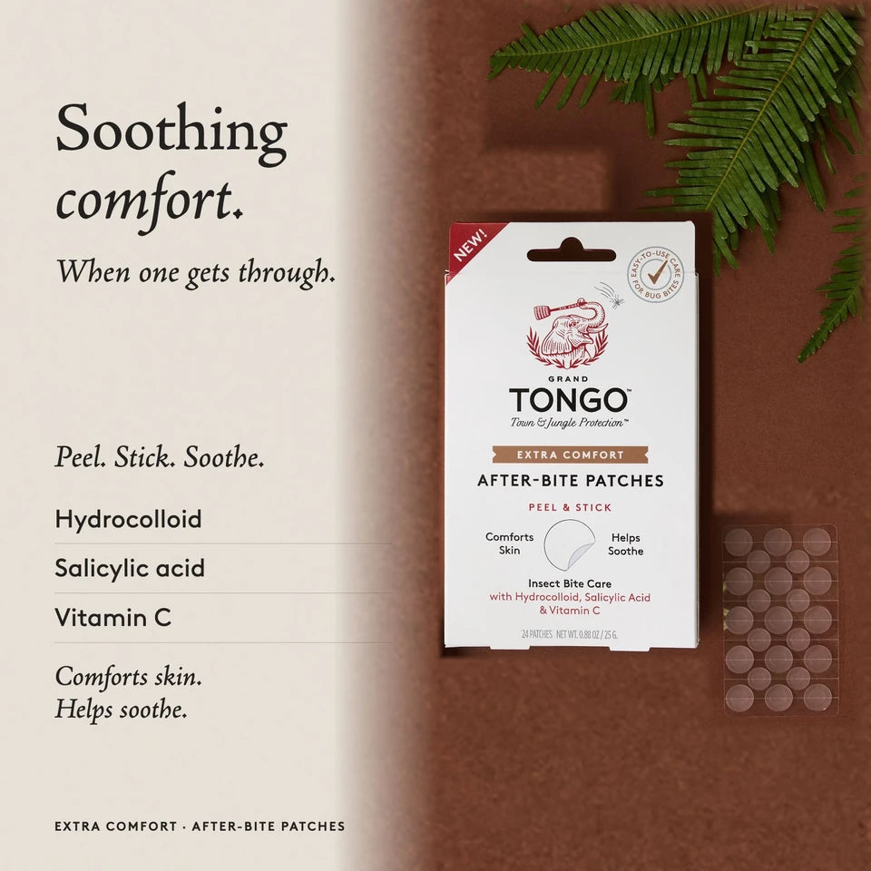Current Extra Comfort After-Bite Patches pouch and actual patch sheet. Soothing comfort when one gets through. Hydrocolloid, salicylic acid and vitamin C. Comforts skin. Helps soothe. Peel and stick.