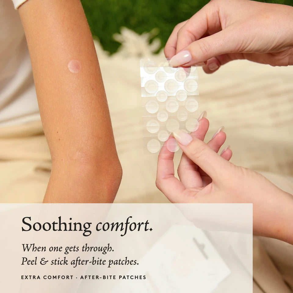 A clear patch sits on an arm while hands hold the sheet of current Extra Comfort patches. Soothing comfort when one gets through. Peel and stick after-bite patches.