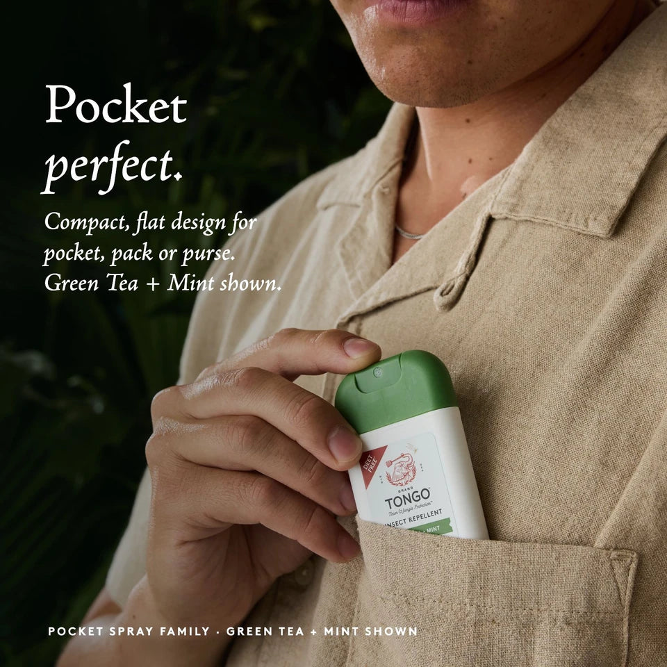Green Tea + Mint Pocket Spray slips into a shirt pocket. Pocket perfect. Compact, flat design for pocket, pack or purse. Green Tea + Mint shown as a Pocket Spray family example.