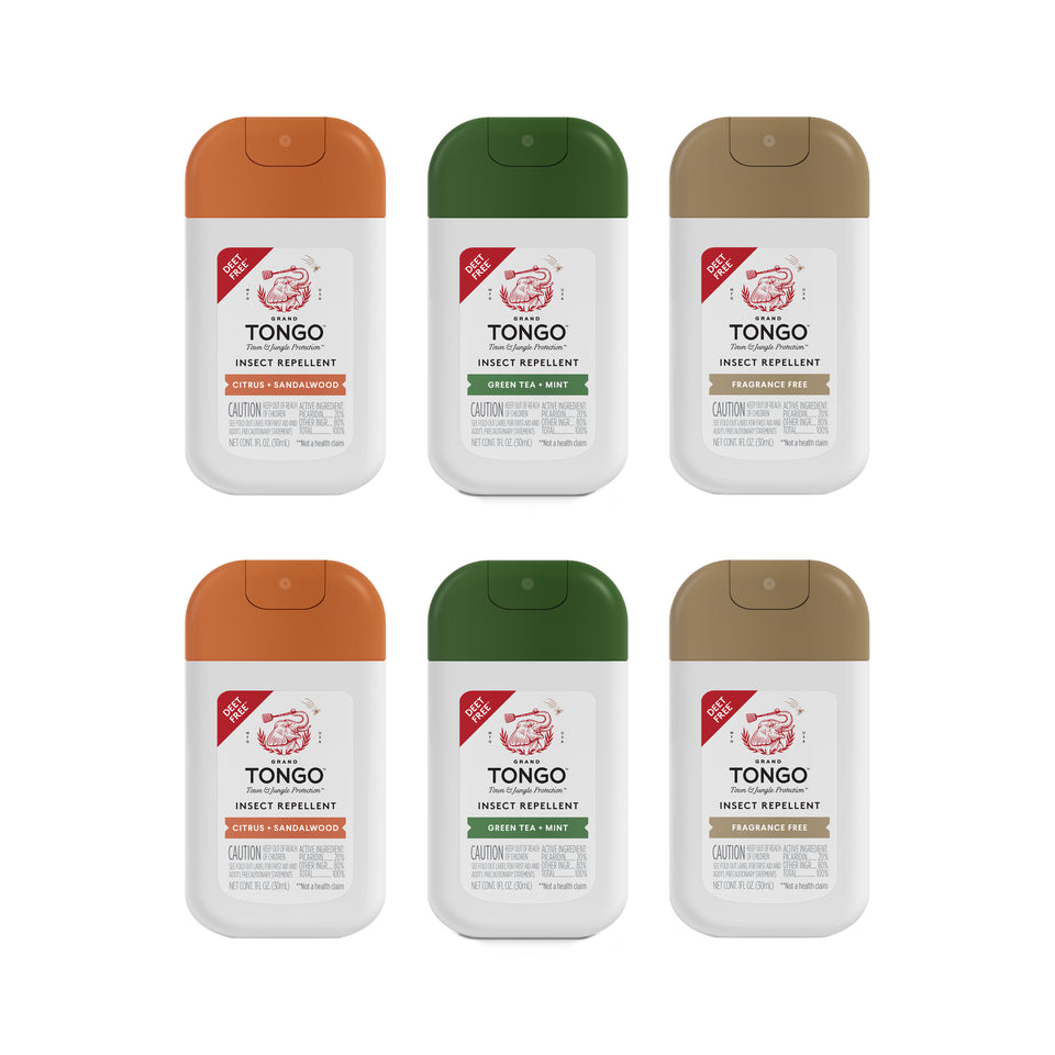 Variety Insect Repellent - Pocket Spray - 6-Pack — clean white packshot. 2 × 1 fl oz Citrus + Sandalwood Pocket Spray; 2 × 1 fl oz Green Tea + Mint Pocket Spray; 2 × 1 fl oz Fragrance Free Pocket Spray.