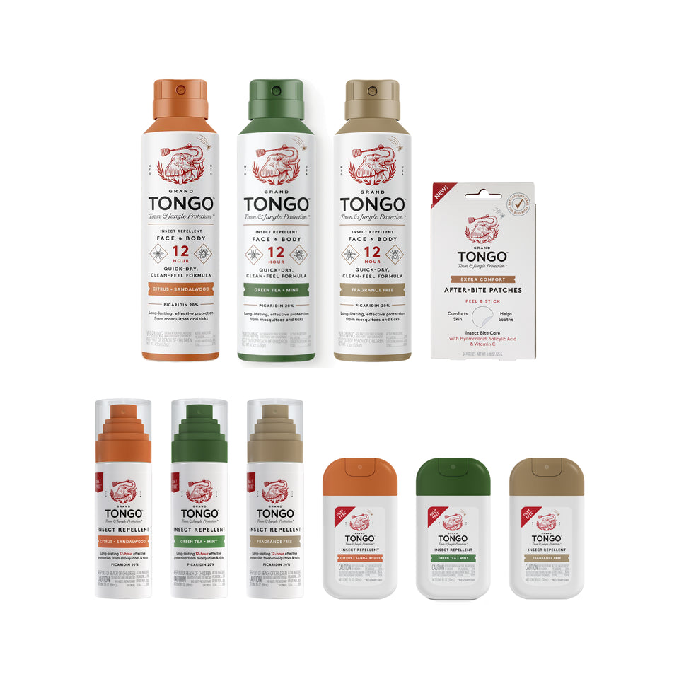 Town + Jungle Full Protection System — clean white packshot. 1 × 4.5 oz net weight Citrus + Sandalwood Full Size Spray; 1 × 4.5 oz net weight Green Tea + Mint Full Size Spray; 1 × 4.5 oz net weight Fragrance Free Full Size Spray; 1 × 3 fl oz Citrus + Sandalwood Travel Spray; 1 × 3 fl oz Green Tea + Mint Travel Spray; 1 × 3 fl oz Fragrance Free Travel Spray; 1 × 1 fl oz Citrus + Sandalwood Pocket Spray; 1 × 1 fl oz Green Tea + Mint Pocket Spray; 1 × 1 fl oz Fragrance Free Pocket Spray; 1 pack of Extra Comfort Bite Patches (24 patches).