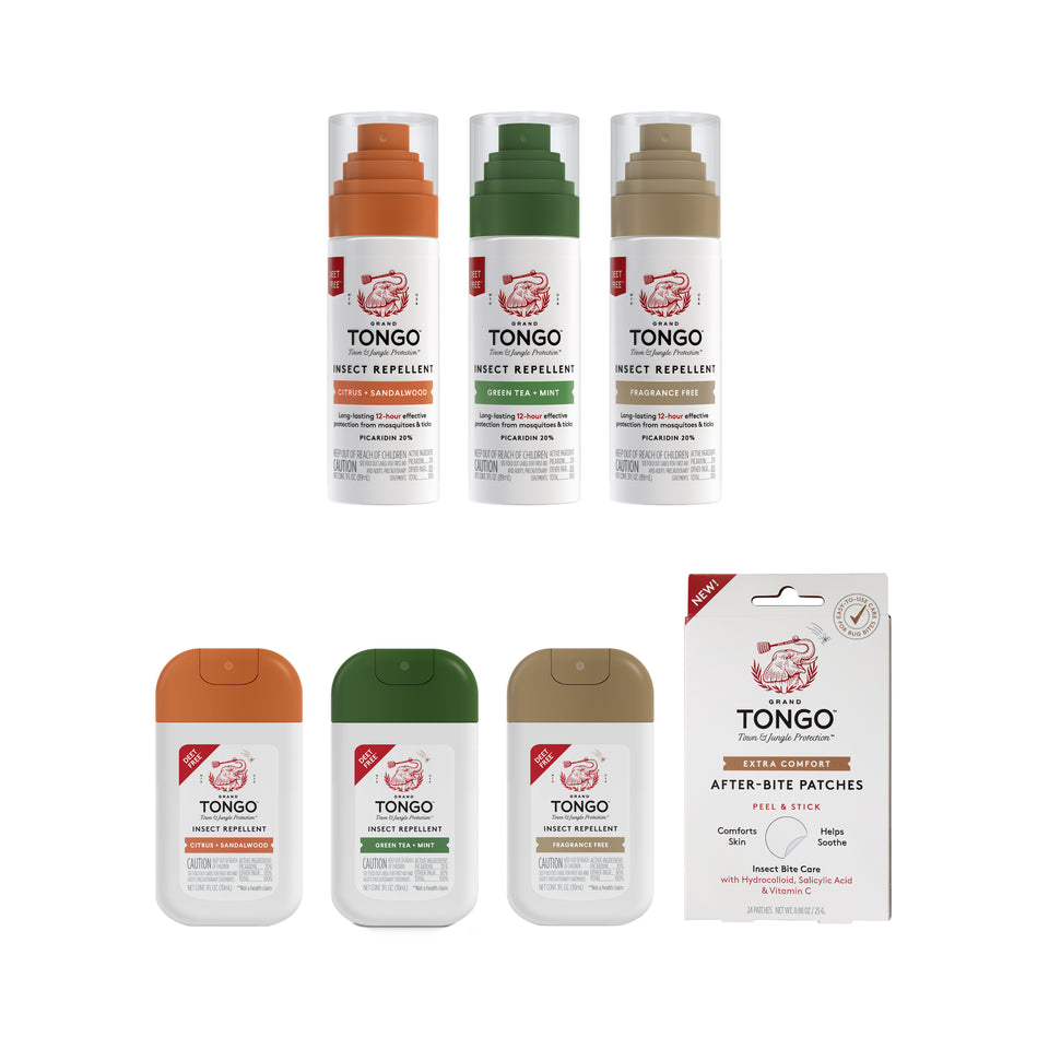 Explorer Travel + Relief — clean white packshot. 1 × 1 fl oz Citrus + Sandalwood Pocket Spray; 1 × 1 fl oz Green Tea + Mint Pocket Spray; 1 × 1 fl oz Fragrance Free Pocket Spray; 1 × 3 fl oz Citrus + Sandalwood Travel Spray; 1 × 3 fl oz Green Tea + Mint Travel Spray; 1 × 3 fl oz Fragrance Free Travel Spray; 1 pack of Extra Comfort Bite Patches (24 patches).