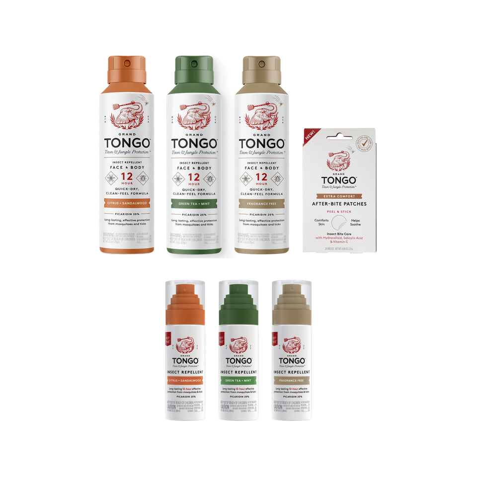 Household Defense Kit — clean white packshot. 1 × 4.5 oz net weight Citrus + Sandalwood Full Size Spray; 1 × 4.5 oz net weight Green Tea + Mint Full Size Spray; 1 × 4.5 oz net weight Fragrance Free Full Size Spray; 1 × 3 fl oz Citrus + Sandalwood Travel Spray; 1 × 3 fl oz Green Tea + Mint Travel Spray; 1 × 3 fl oz Fragrance Free Travel Spray; 1 pack of Extra Comfort Bite Patches (24 patches).