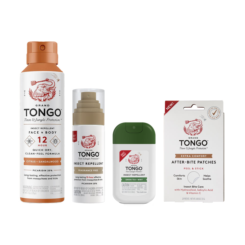 Variety Trial Pack — clean white packshot. 1 × 4.5 oz net weight Citrus + Sandalwood Full Size Spray; 1 × 3 fl oz Fragrance Free Travel Spray; 1 × 1 fl oz Green Tea + Mint Pocket Spray; 1 pack of Extra Comfort Bite Patches (24 patches).