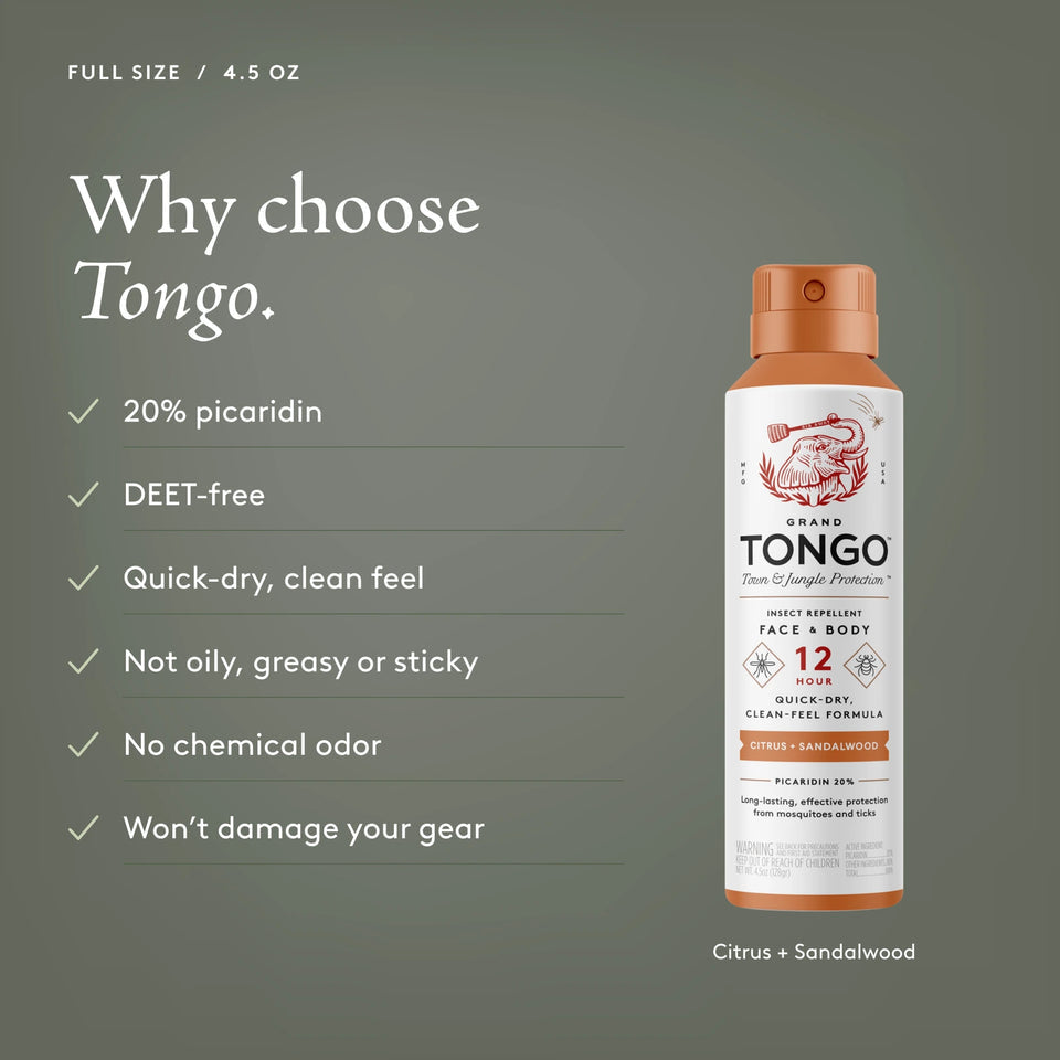 Grand Tongo Citrus + Sandalwood Full Size Spray, 4.5 oz beside a checklist on an olive background. Why choose Tongo. 20% picaridin. DEET-free. Quick-dry, clean feel. Not oily, greasy or sticky. No chemical odor. Won’t damage your gear.