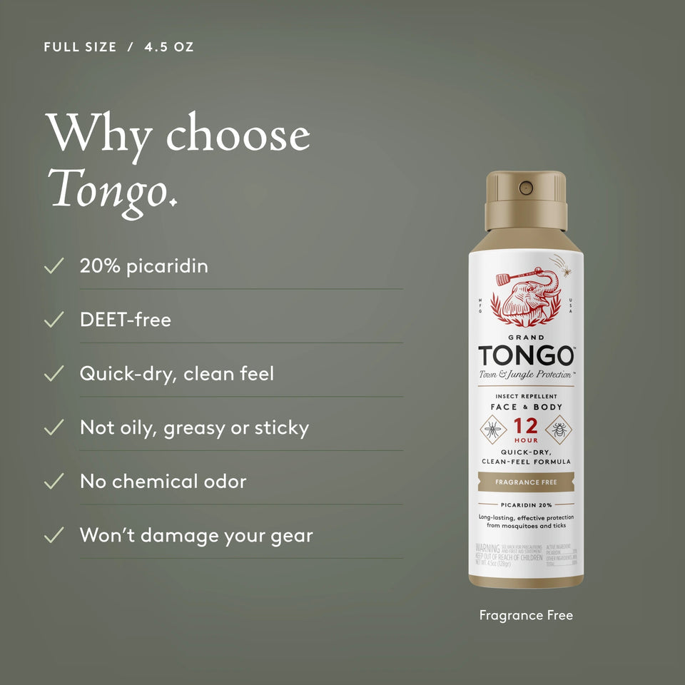 Grand Tongo Fragrance Free Full Size Spray, 4.5 oz beside a checklist on an olive background. Why choose Tongo. 20% picaridin. DEET-free. Quick-dry, clean feel. Not oily, greasy or sticky. No chemical odor. Won’t damage your gear.