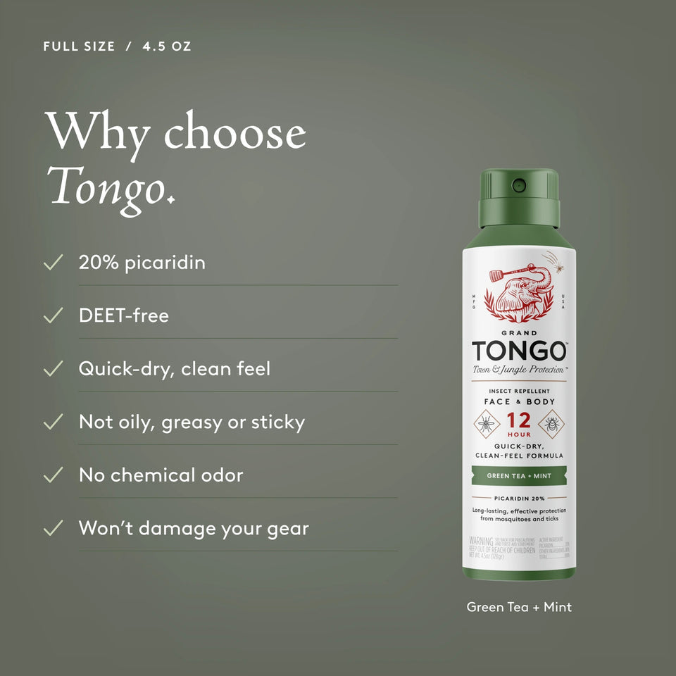 Grand Tongo Green Tea + Mint Full Size Spray, 4.5 oz beside a checklist on an olive background. Why choose Tongo. 20% picaridin. DEET-free. Quick-dry, clean feel. Not oily, greasy or sticky. No chemical odor. Won’t damage your gear.