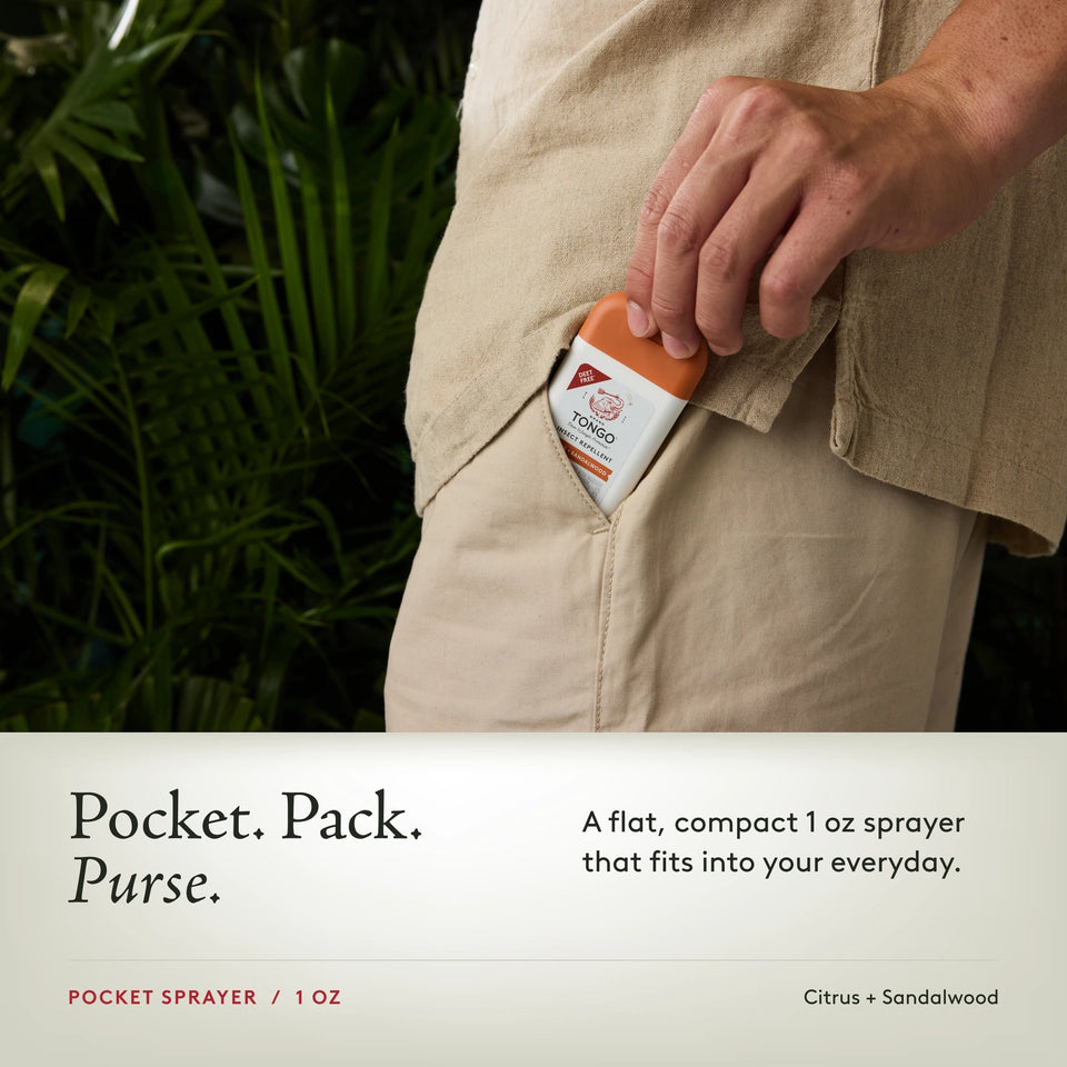Grand Tongo Citrus + Sandalwood Pocket Spray, 1 oz being tucked into a trouser pocket. Pocket. Pack. Purse. A flat, compact 1 oz sprayer that fits into your everyday.