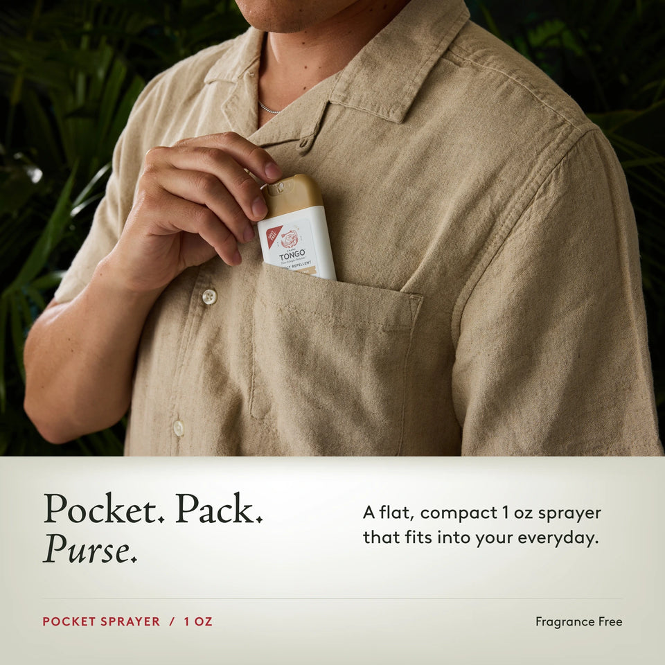 Grand Tongo Fragrance Free Pocket Spray, 1 oz being tucked into a shirt pocket. Pocket. Pack. Purse. A flat, compact 1 oz sprayer that fits into your everyday.