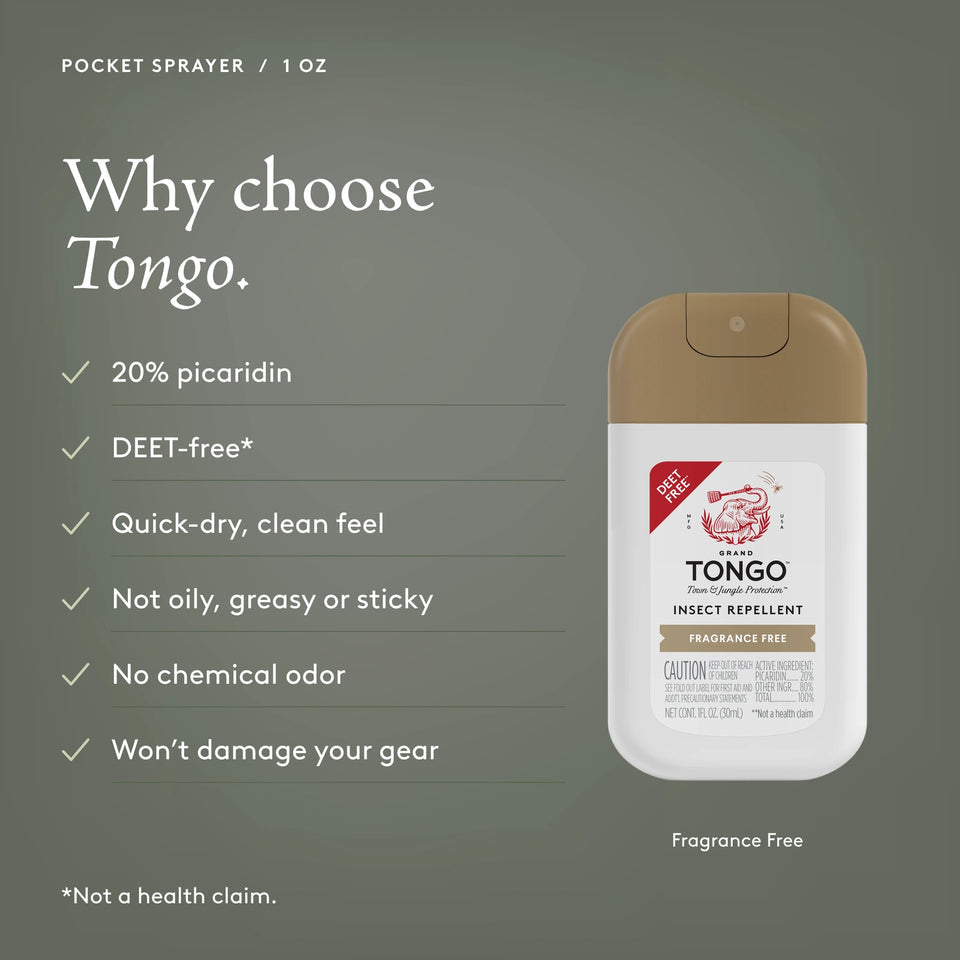 Grand Tongo Fragrance Free Pocket Spray, 1 oz beside a checklist on an olive background. Why choose Tongo. 20% picaridin. DEET-free. Quick-dry, clean feel. Not oily, greasy or sticky. No chemical odor. Won’t damage your gear. DEET-free is not a health claim.