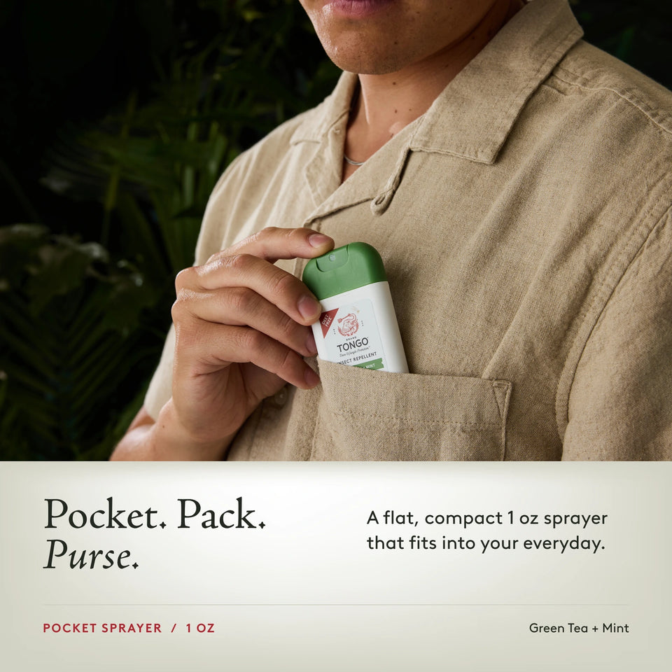 Grand Tongo Green Tea + Mint Pocket Spray, 1 oz being tucked into a shirt pocket. Pocket. Pack. Purse. A flat, compact 1 oz sprayer that fits into your everyday.