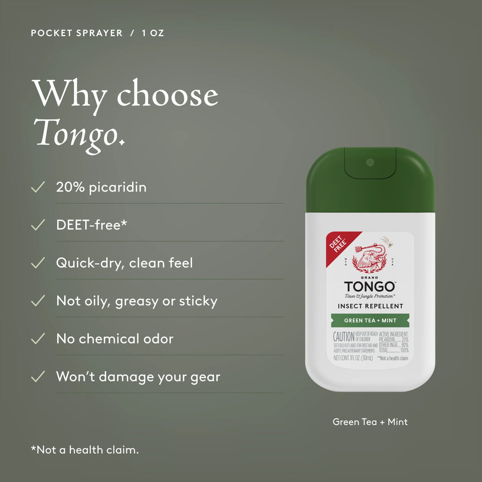 Grand Tongo Green Tea + Mint Pocket Spray, 1 oz beside a checklist on an olive background. Why choose Tongo. 20% picaridin. DEET-free. Quick-dry, clean feel. Not oily, greasy or sticky. No chemical odor. Won’t damage your gear. DEET-free is not a health claim.