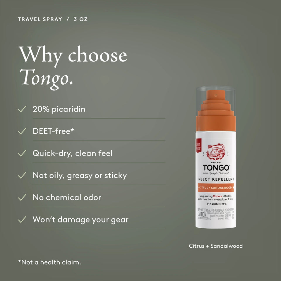 Grand Tongo Citrus + Sandalwood Travel Pump Spray, 3 oz beside a checklist on an olive background. Why choose Tongo. 20% picaridin. DEET-free. Quick-dry, clean feel. Not oily, greasy or sticky. No chemical odor. Won’t damage your gear. DEET-free is not a health claim.