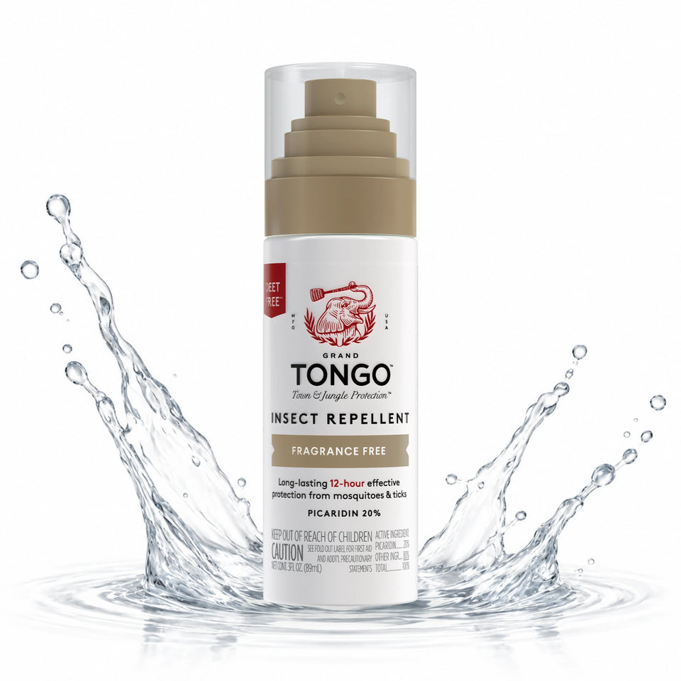 One Grand Tongo Fragrance Free Travel Pump Spray, 3 oz on a white background with a clear water splash behind the product.