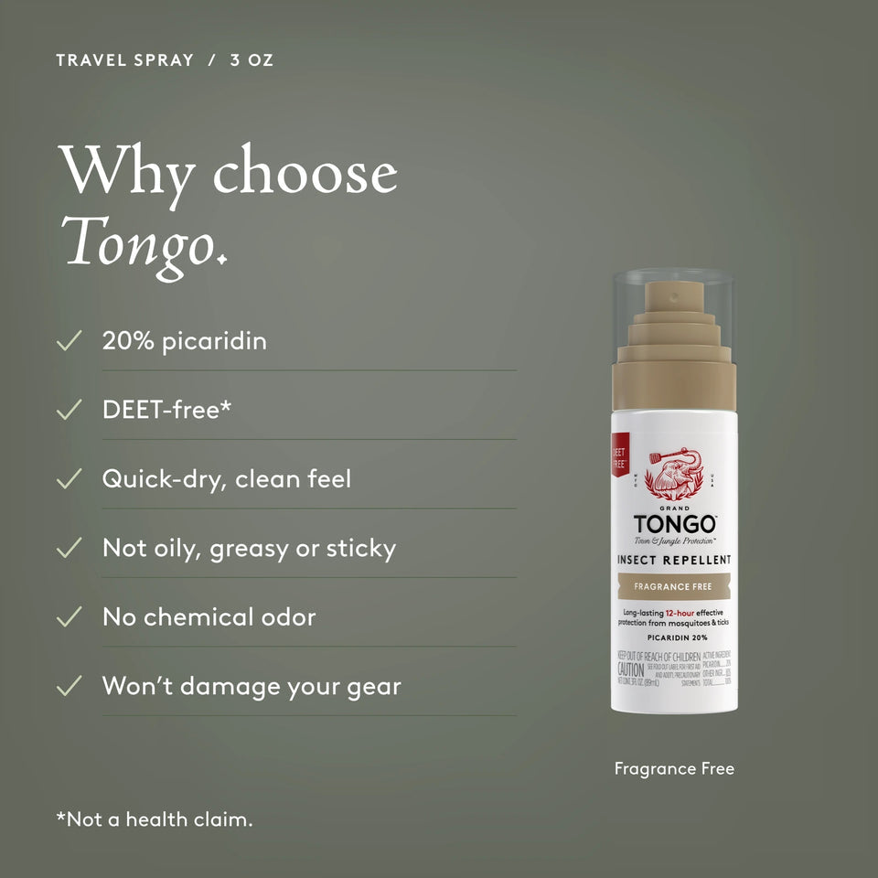Grand Tongo Fragrance Free Travel Pump Spray, 3 oz beside a checklist on an olive background. Why choose Tongo. 20% picaridin. DEET-free. Quick-dry, clean feel. Not oily, greasy or sticky. No chemical odor. Won’t damage your gear. DEET-free is not a health claim.