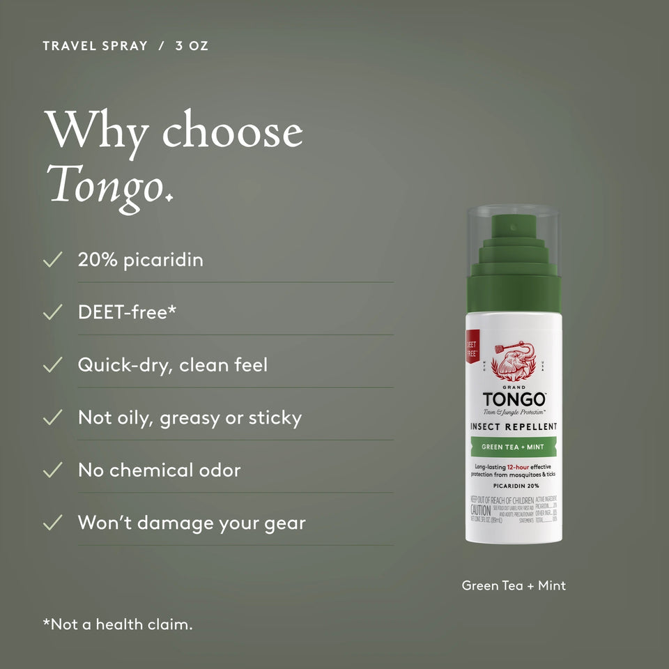 Grand Tongo Green Tea + Mint Travel Pump Spray, 3 oz beside a checklist on an olive background. Why choose Tongo. 20% picaridin. DEET-free. Quick-dry, clean feel. Not oily, greasy or sticky. No chemical odor. Won’t damage your gear. DEET-free is not a health claim.