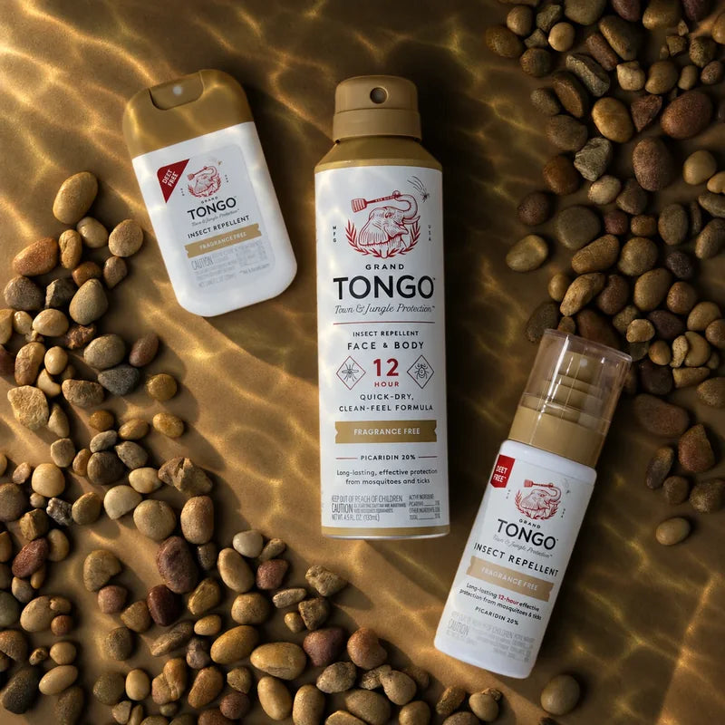 Grand Tongo Fragrance Free pocket, full size and travel sprays with water and pebbles